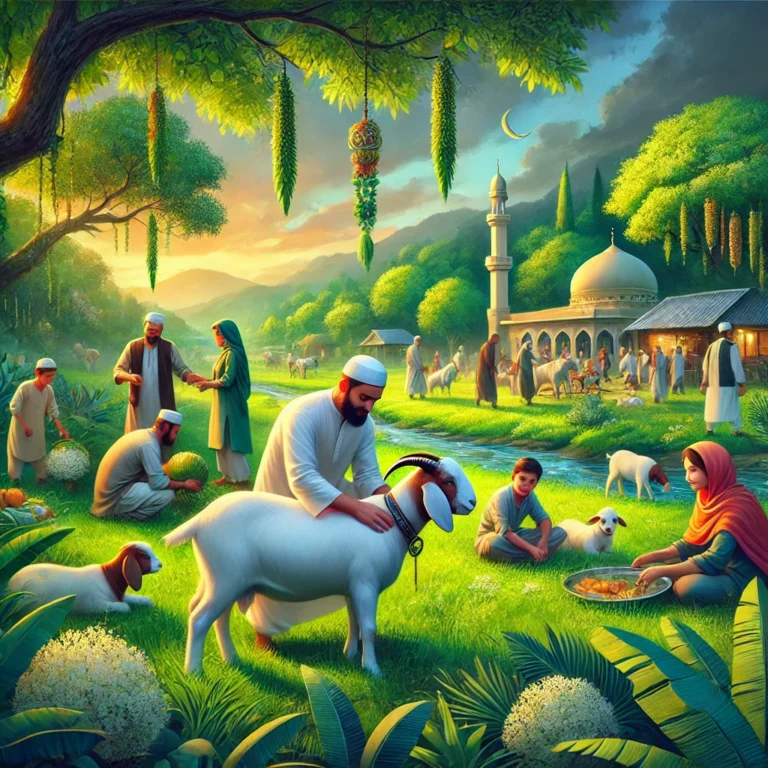 DALL·E 2024 06 20 17.25.27 A peaceful rural scene during Bakra Eid showing a family preparing for Qurbani. The family is seen tending to a healthy goat with lush greenery and