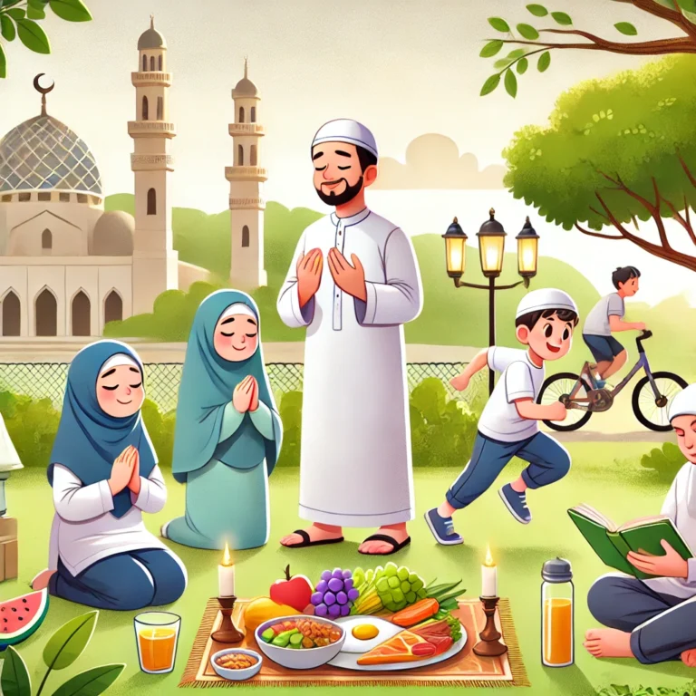Muslim family practicing healthy living, including praying, eating a balanced meal, and engaging in outdoor activities in a serene natural setting