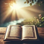 DALL·E 2024 07 08 17.16.28 An open Quran with beautiful Arabic calligraphy set in a serene background. The background is a peaceful soft focus nature scene emphasizing spirit