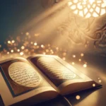 DALL·E 2024 08 07 16.11.24 An inspirational image featuring an open Quran with delicate warm lighting casting a serene and peaceful ambiance. The image should include subtle h